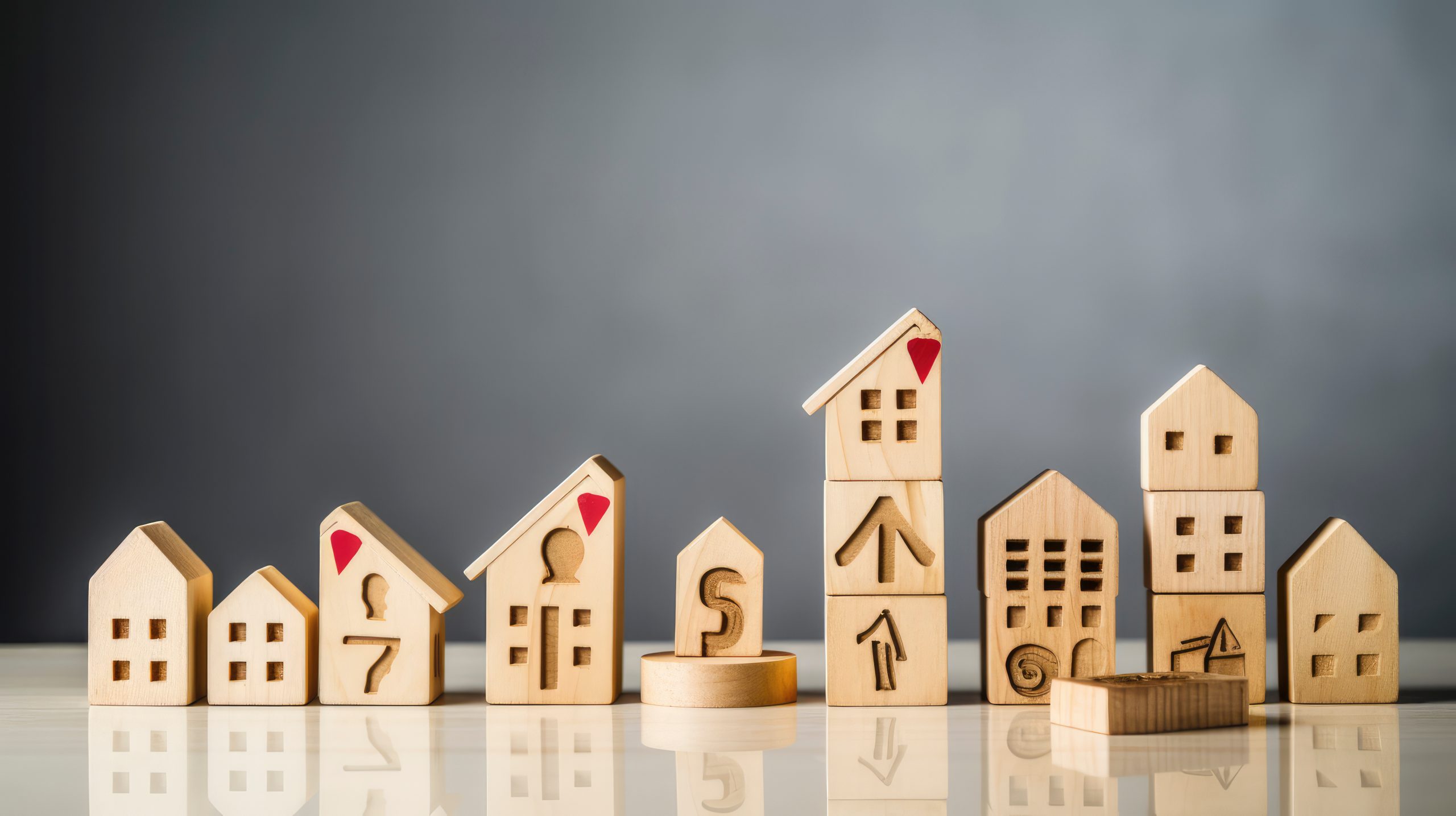Wooden blocks in the shape of houses, symbolising the housing market